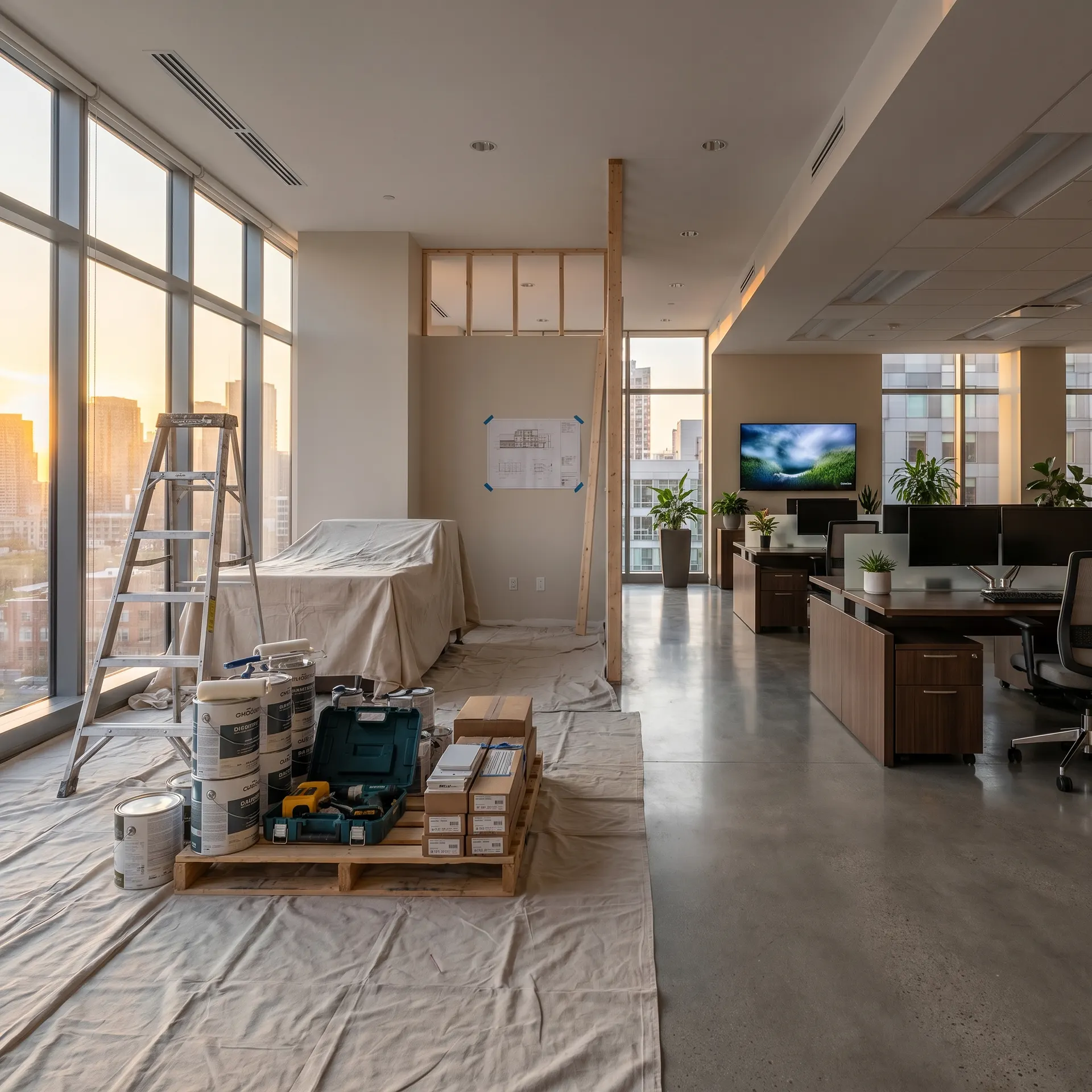 Kontorslandskap under renovering med byggmaterial, stege och skyddsdukar på golvet.