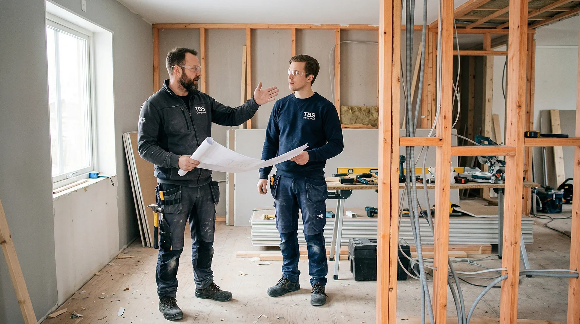 Två byggarbetare diskuterar ritningar i ett rum under renovering.