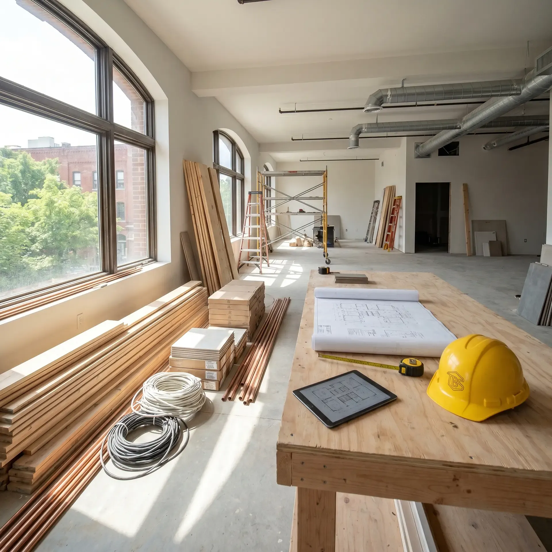 Byggarbetsplats med ritningar, byggnadsdelar och verktyg i ljust industriellt utrymme.