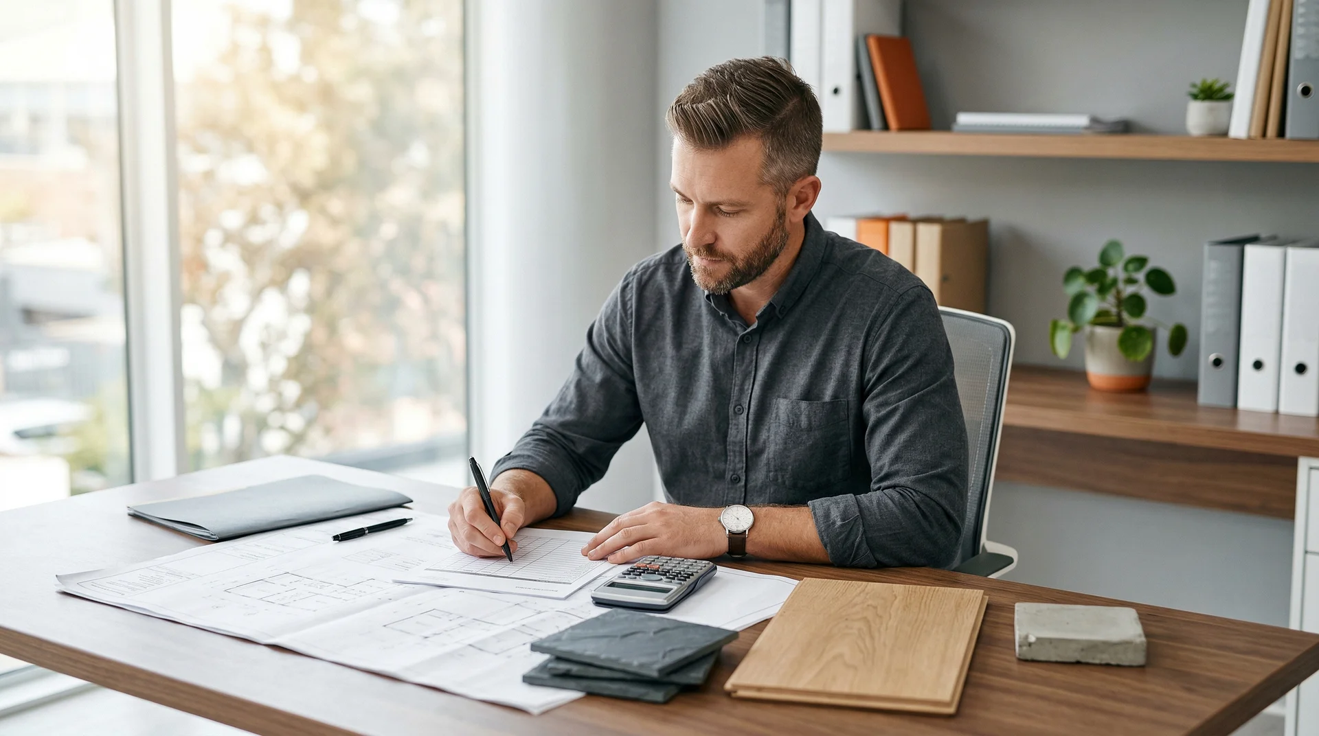Man sitter vid skrivbord och arbetar med dokument och miniräknare.