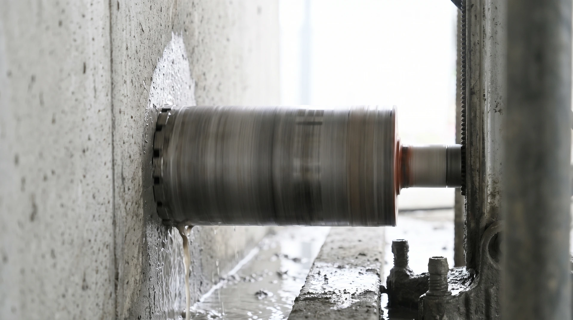 Roterande borrkrona borrar hål i betongvägg med vatten.