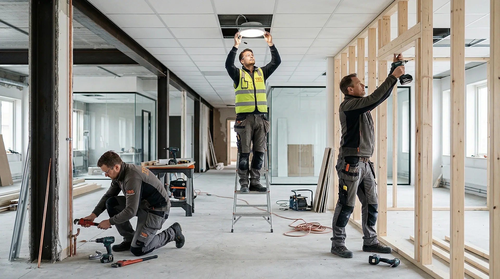 Tre hantverkare renoverar kontorslokal med verktyg och byggnadsställningar.