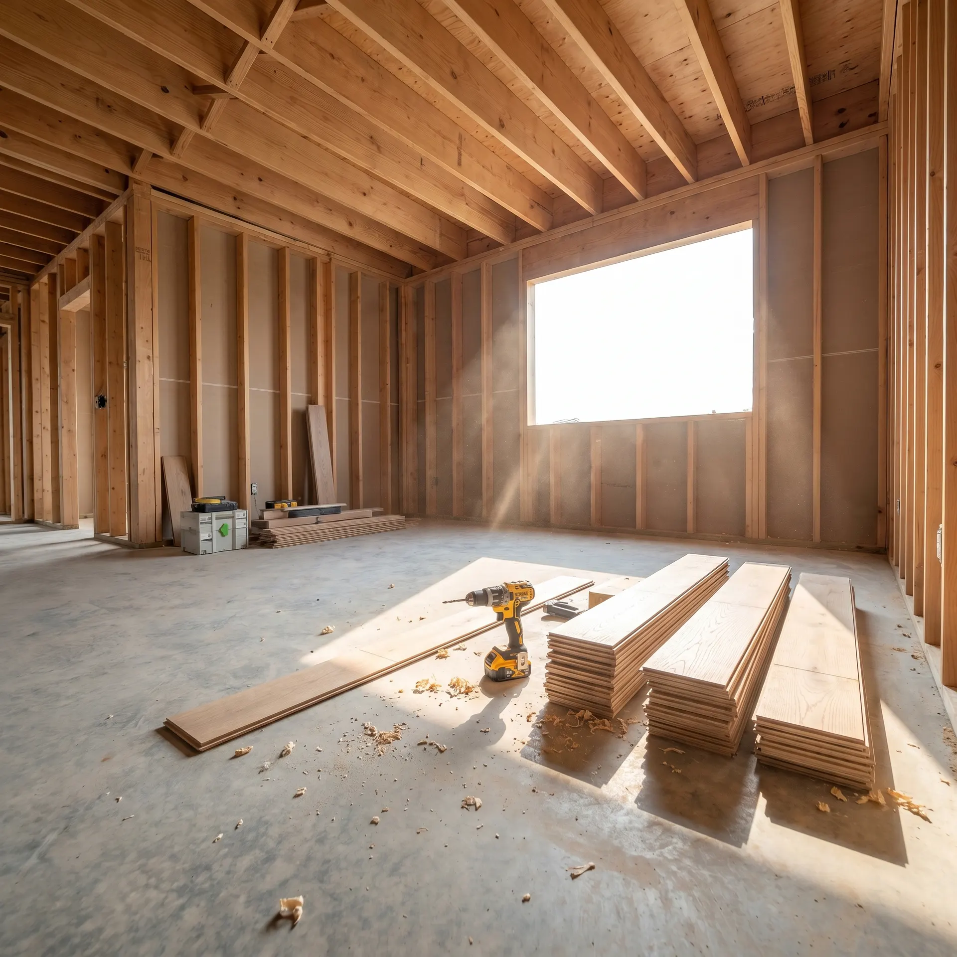 Ofinished rum med synliga träreglar, golv och staplade golvbrädor med verktyg.