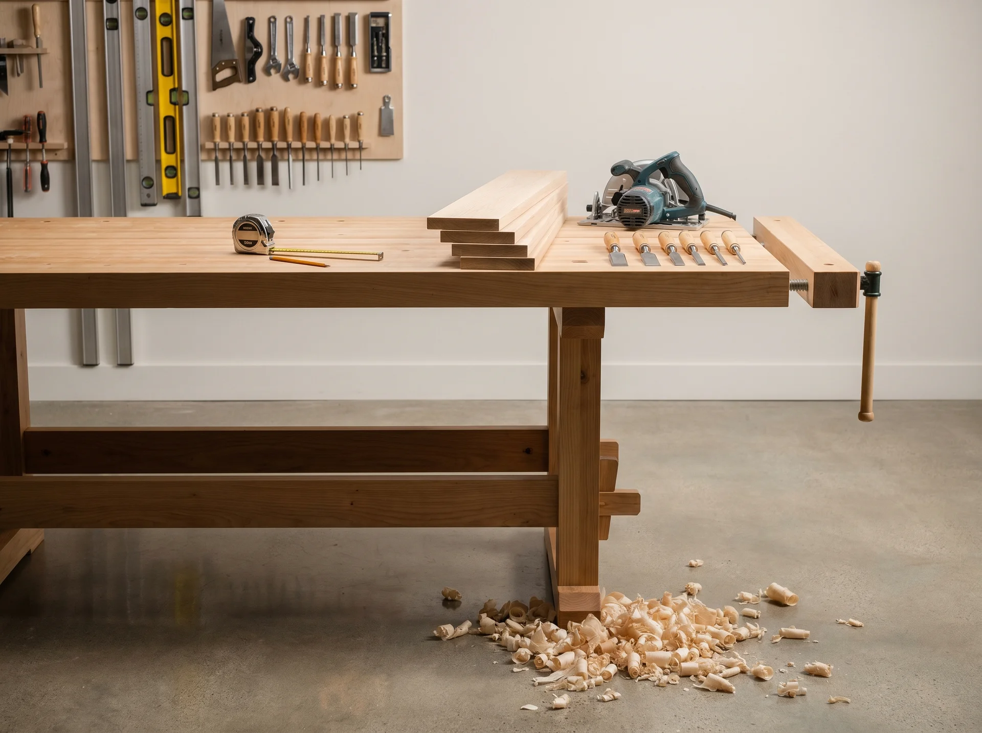 Snickarbänk i trä med verktyg och hyvelspon på golvet