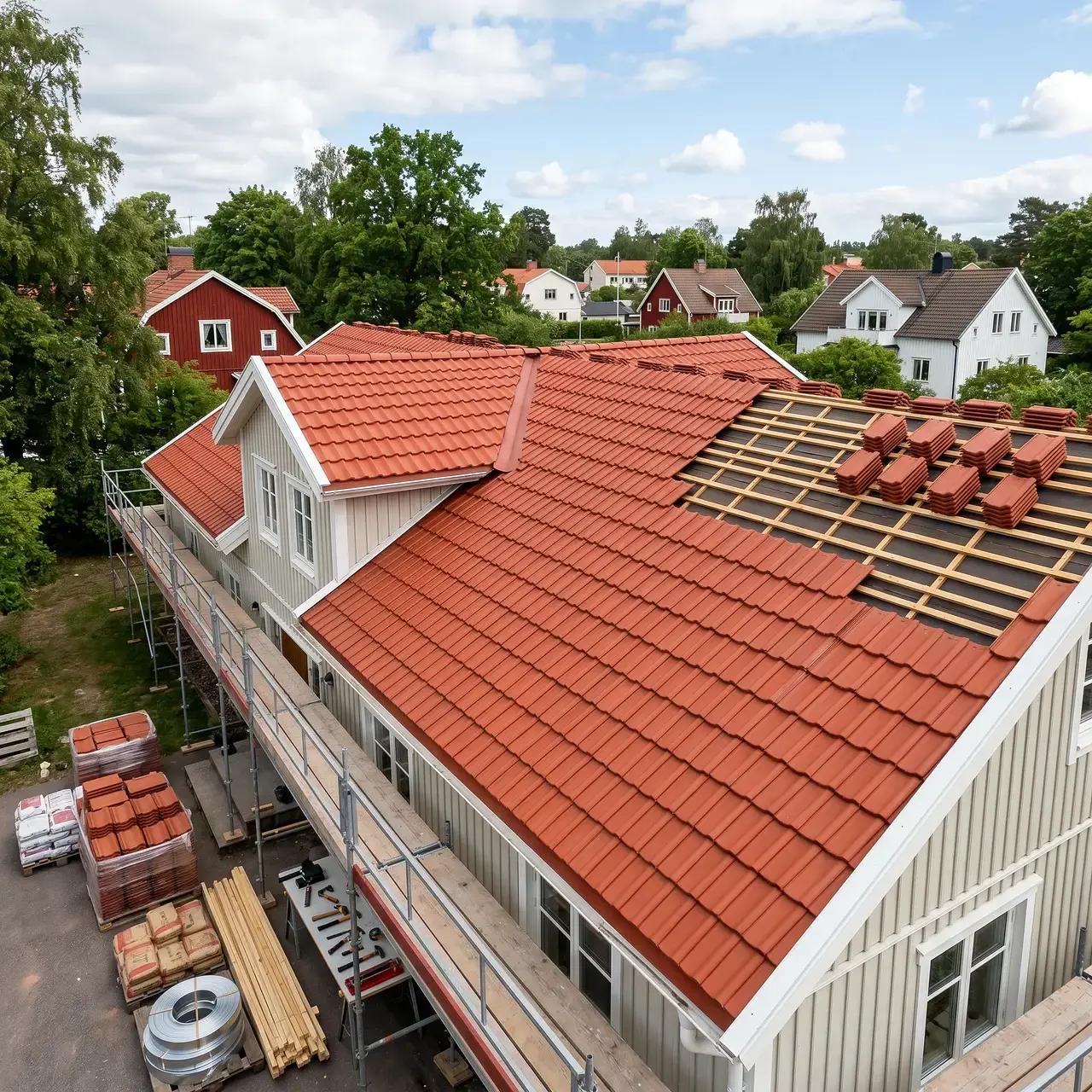 Rött tegeltak under renovering med synligt underlag och byggnadsställningar.