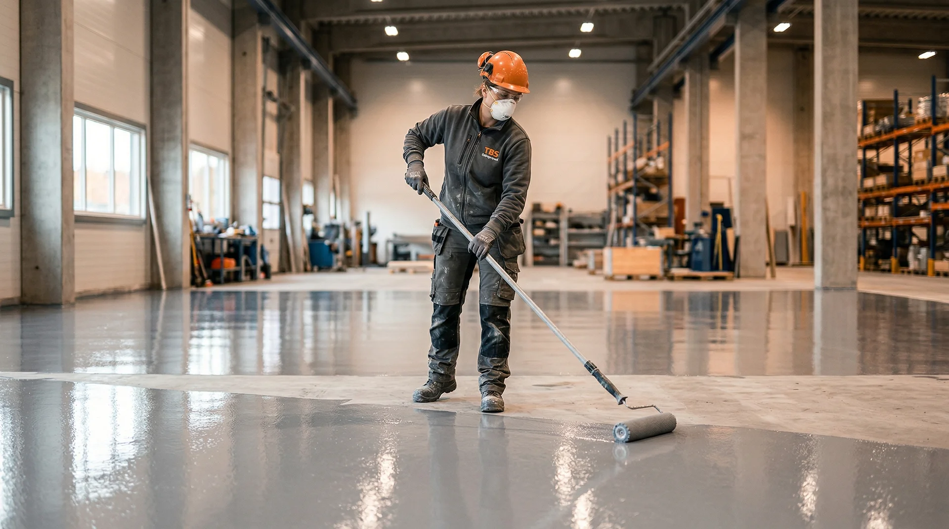 Byggarbetare i orange hjälm applicerar epoxigolv med roller i industrilokal.
