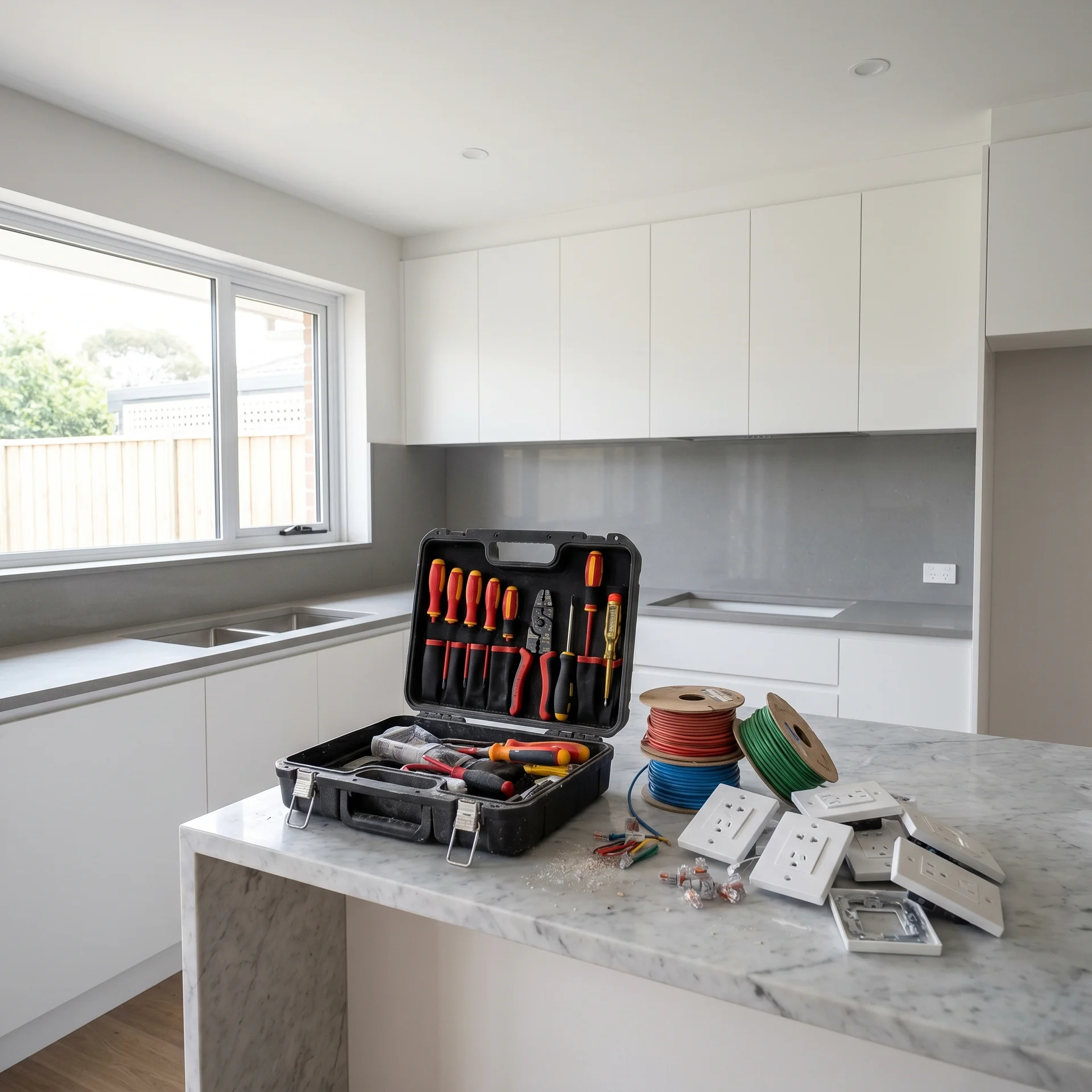 Elektriska verktyg och kablar på köksö i nyrenoverat kök