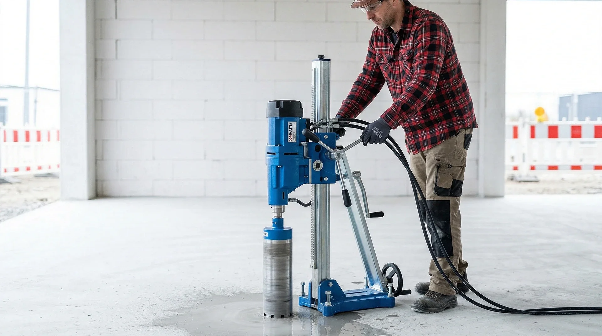 Byggnadsarbetare använder blå kärnborrningsmaskin på betongplatta i byggarbetsplats.