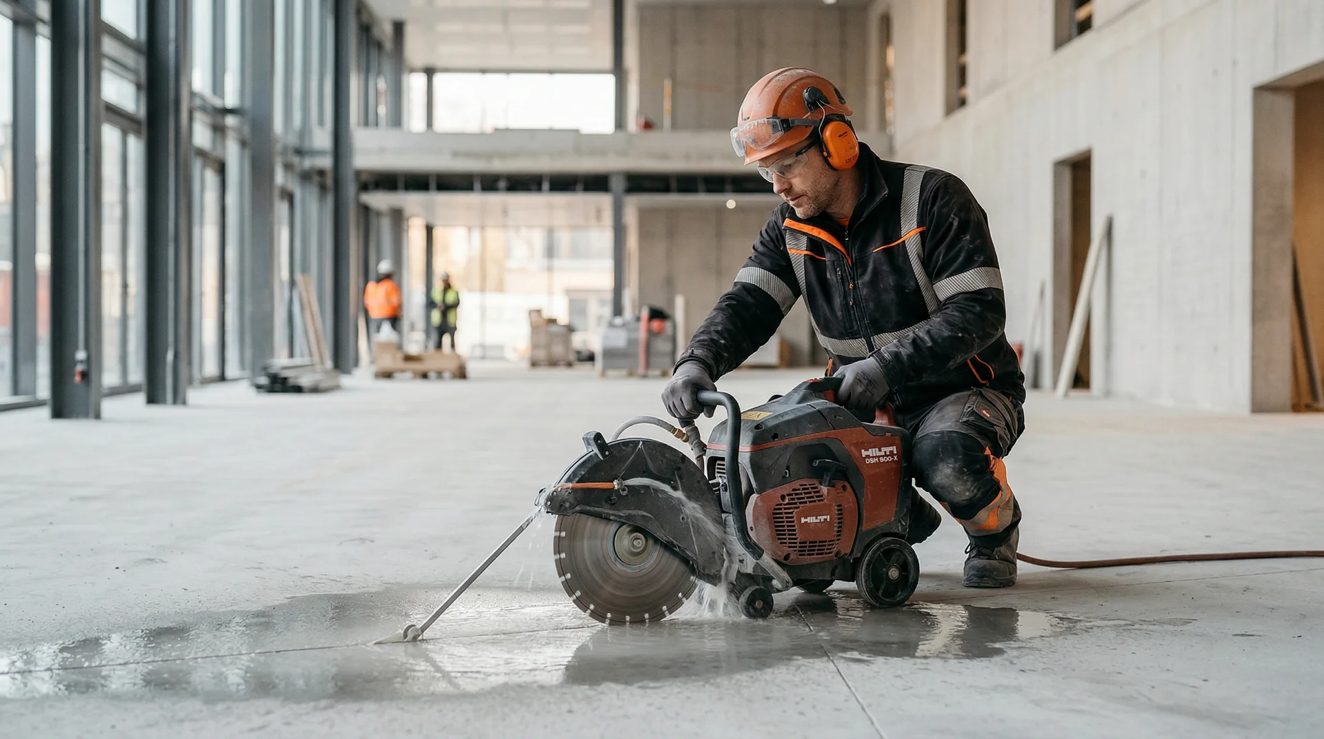 Byggnadsarbetare kapar betong med motorsåg i konstruktionslokal