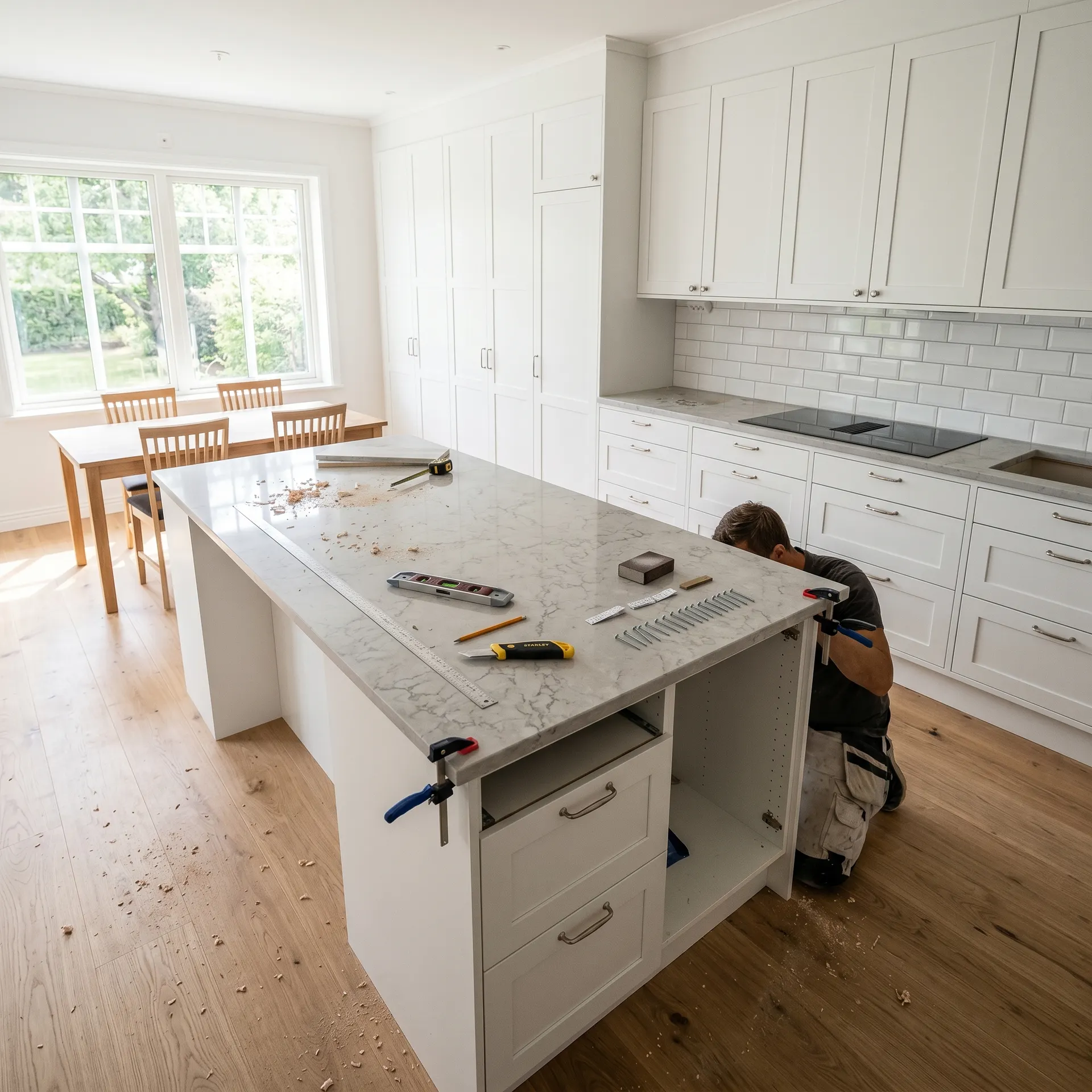 Hantverkare installerar kök med vit inredning och marmorbänkskiva i modernt hem.