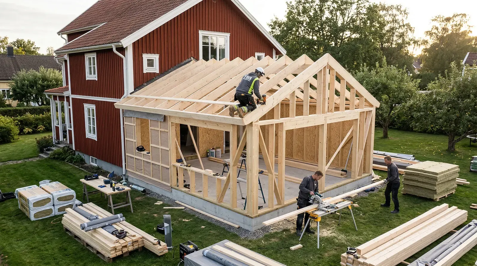 Byggnadsarbetare bygger tillbyggnad med träkonstruktion vid rött trähus