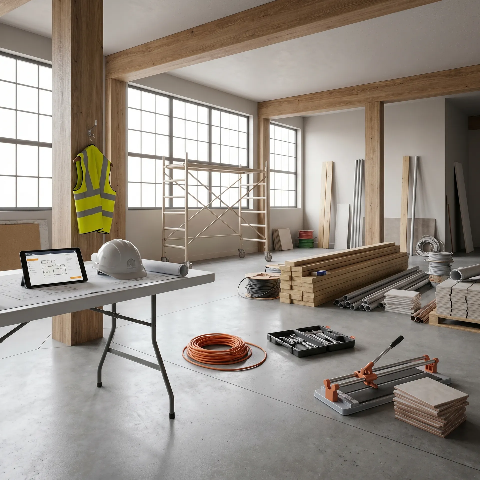 Renoveringsplats med byggmaterial, verktyg och ritningar på bord i ljust industriutrymme.